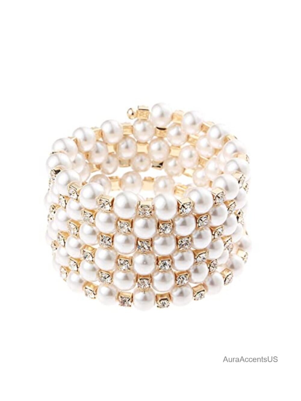 Vintage Gatsby Pearl Bracelet Multi-Layered Chunky Pearl Crystal Elastic Bangle